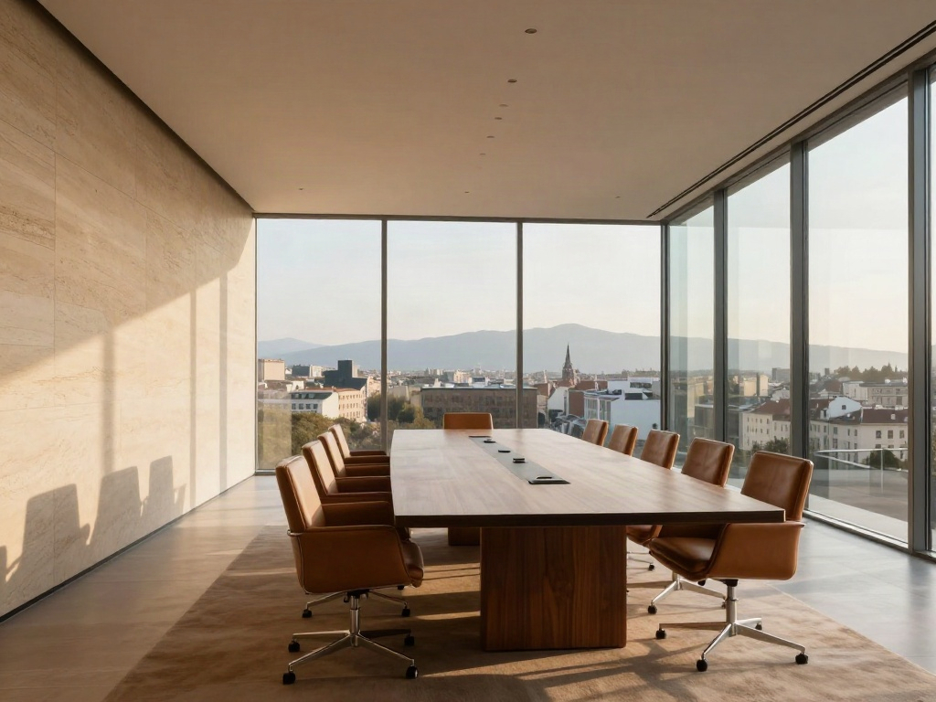 Warm sunlit executive boardroom overlooking the city and mountains of Sofia